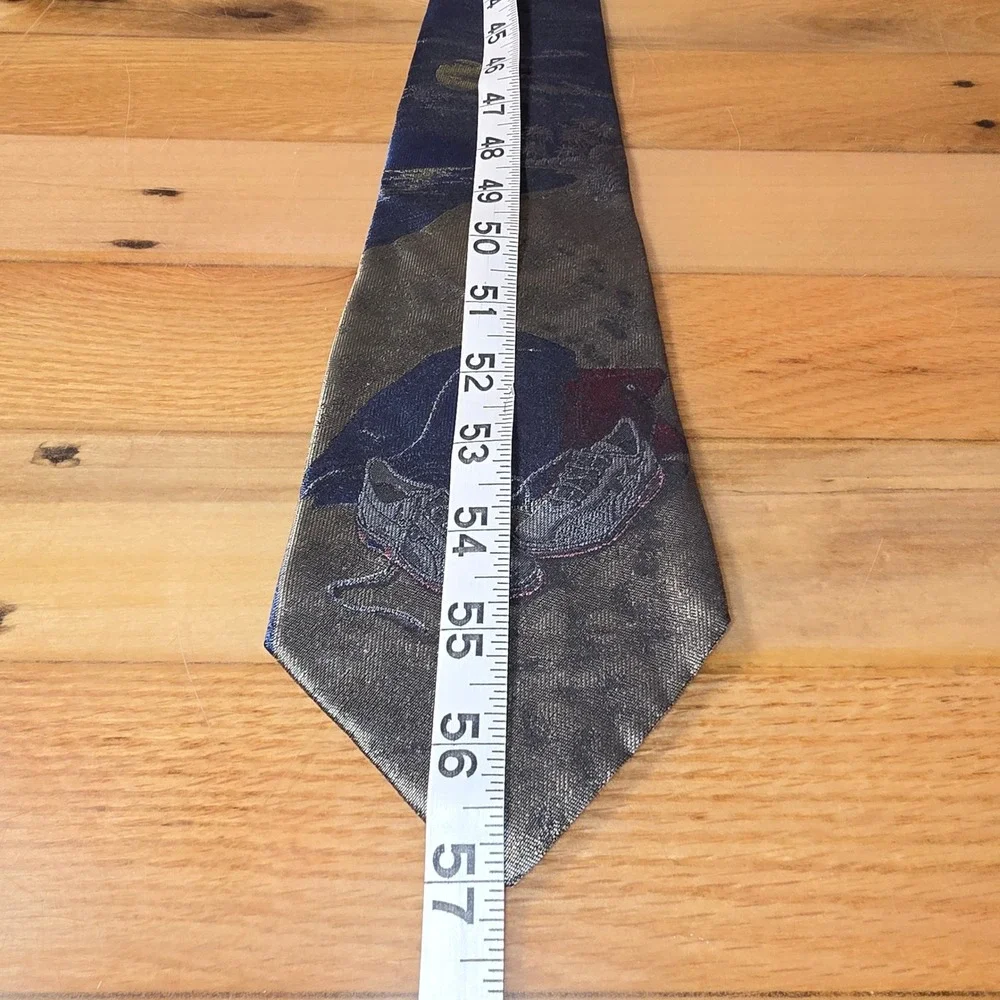 xAndrini Mens Silk Tie Sneakers Jeans Moon Graphic Print Blue Gold Handmade USA